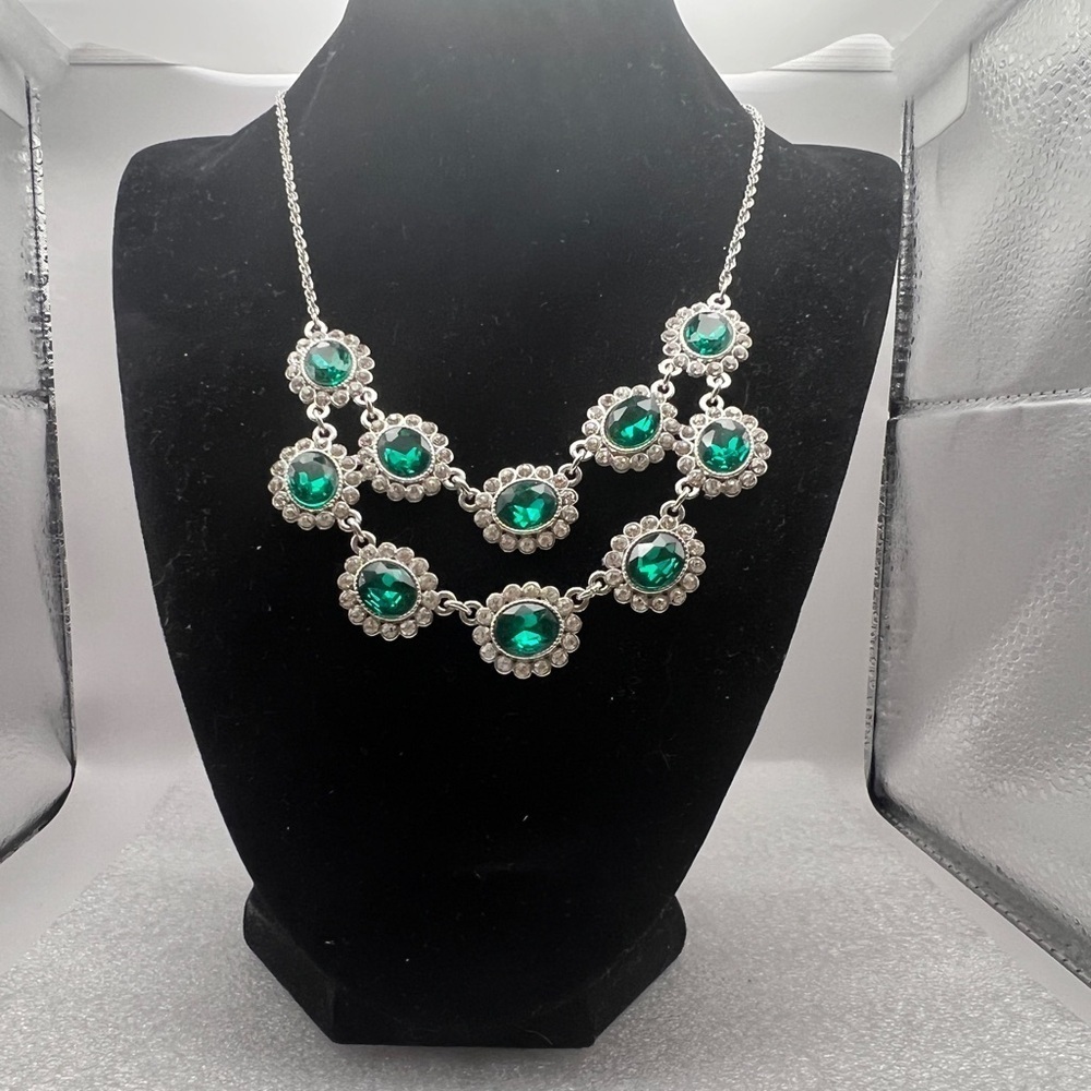 Monet Green and Diamond Rhinestone silver tone necklace.